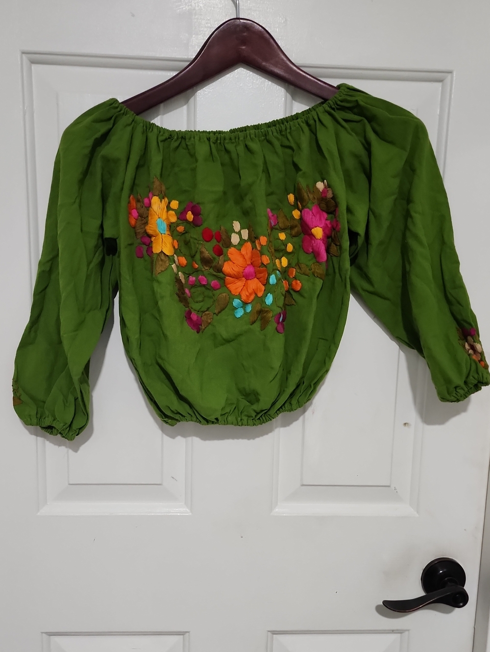 Green Off-Shoulder Embroidered Peasant Top - Floral Accent